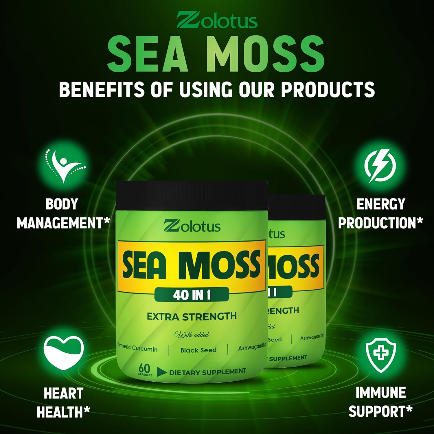 Sea Moss Supplement 40 in 1 with Turmeric, Ashwagandha, Bladderwrack - 2 Packs (60 Capsules) for Immune System, Body Balance, Heart Health