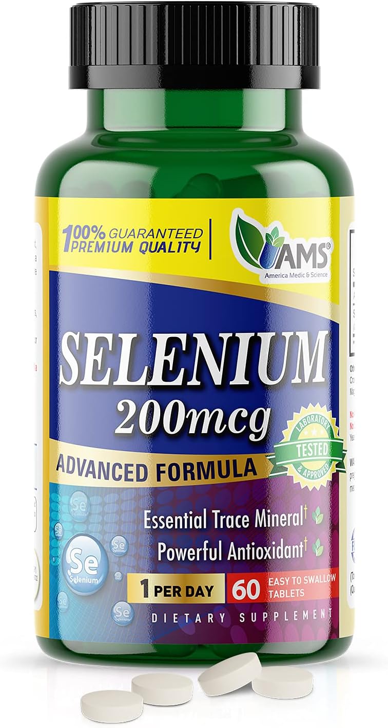 Selenium 200 mcg Supplement - 60 Tablets for Immune & Thyroid Health - Pure Trace Mineral Antioxidant for Men & Women by America Medic & Science