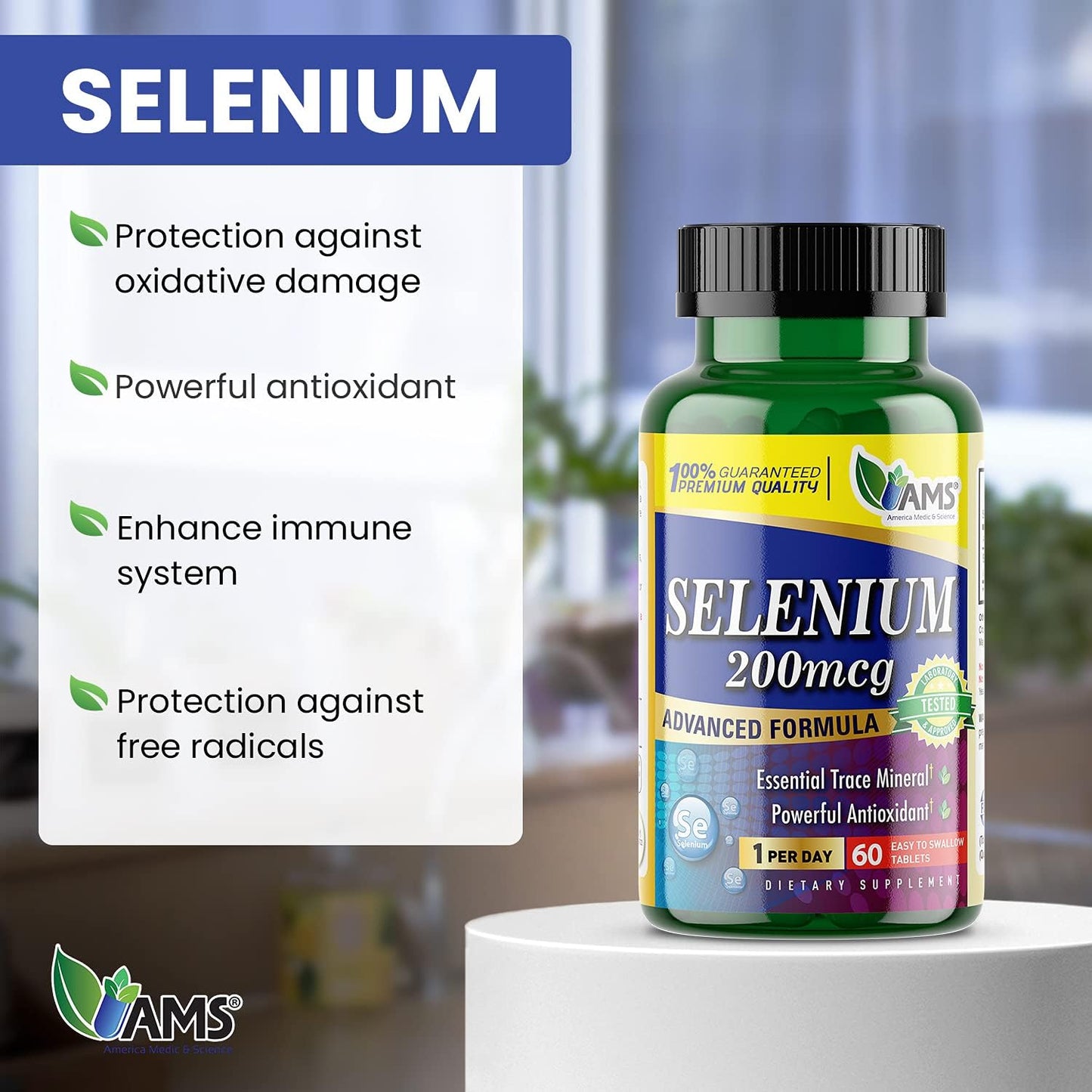 Selenium 200 mcg Supplement - 60 Tablets for Immune & Thyroid Health - Pure Trace Mineral Antioxidant for Men & Women by America Medic & Science