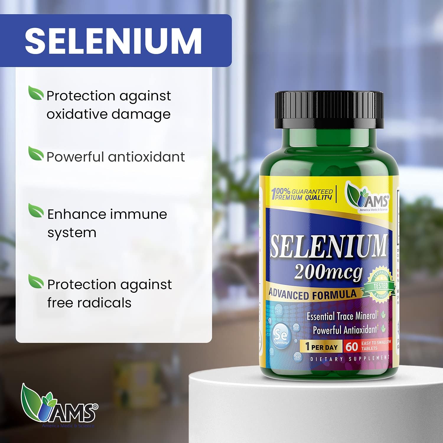 Selenium 200 mcg Supplement - 60 Tablets for Immune & Thyroid Health - Pure Trace Mineral Antioxidant for Men & Women by America Medic & Science