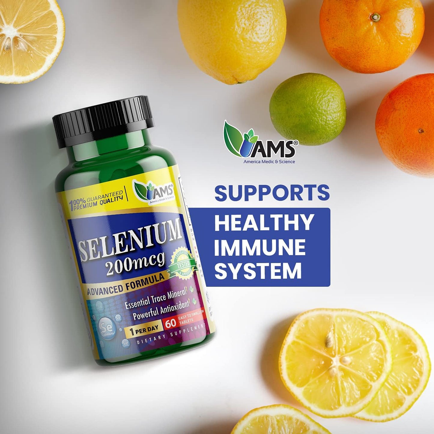 Selenium 200 mcg Supplement - 60 Tablets for Immune & Thyroid Health - Pure Trace Mineral Antioxidant for Men & Women by America Medic & Science