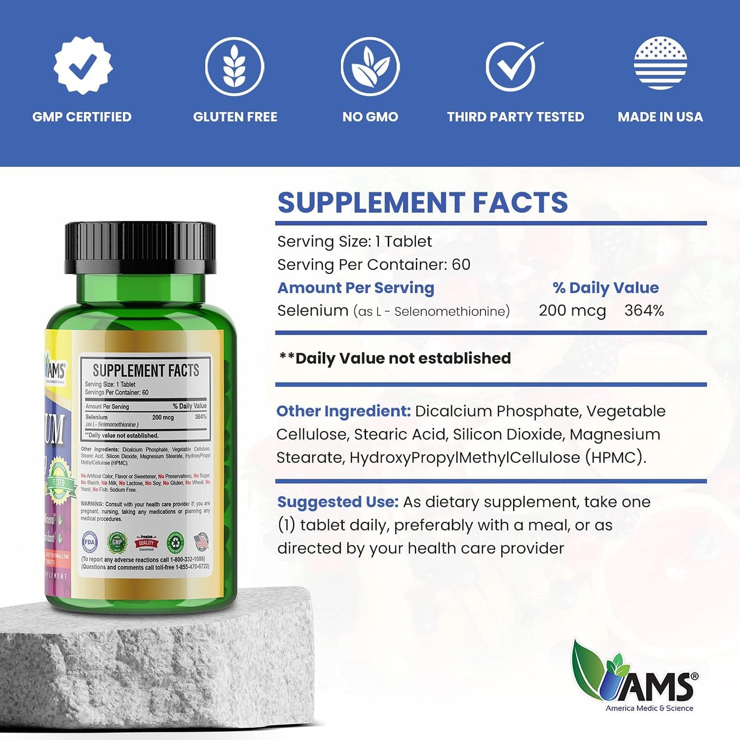 Selenium 200 mcg Supplement - 60 Tablets for Immune & Thyroid Health - Pure Trace Mineral Antioxidant for Men & Women by America Medic & Science