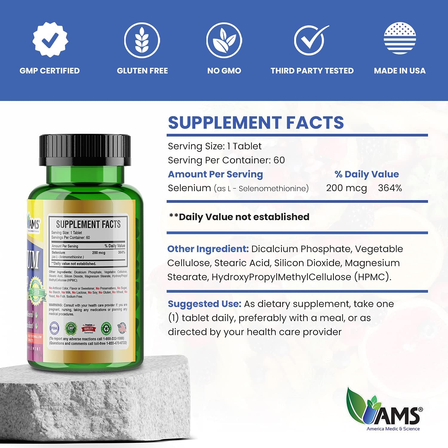 Selenium 200 mcg Supplement - 60 Tablets for Immune & Thyroid Health - Pure Trace Mineral Antioxidant for Men & Women by America Medic & Science