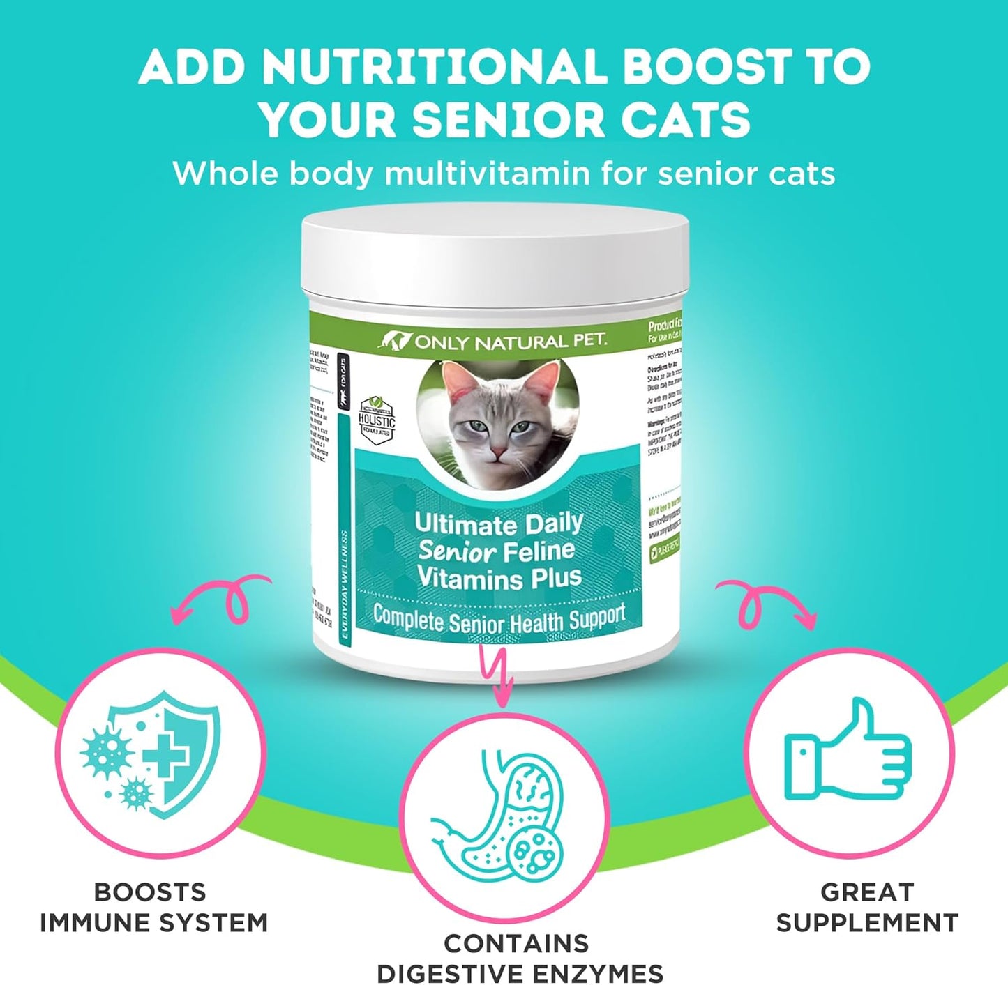 Senior Cat Multivitamin Powder with Taurine & Lysine for Immune & Joint Support - Complete Vitamin Formula for Adult & Older Cats