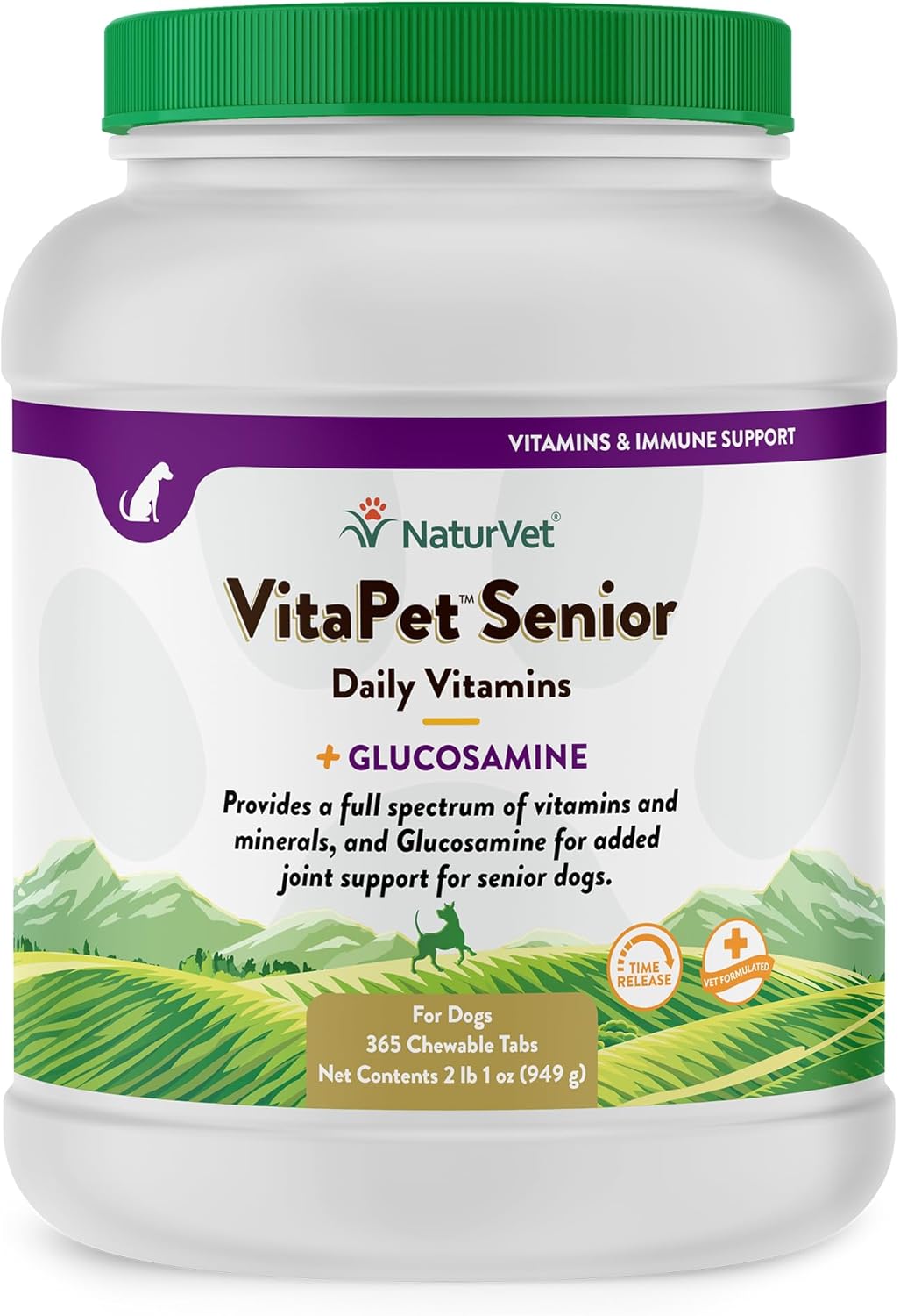 Senior Dog Daily Vitamins with Glucosamine - 365 Time Release Tablets - Full Spectrum of Vitamins & Minerals - Joint Support