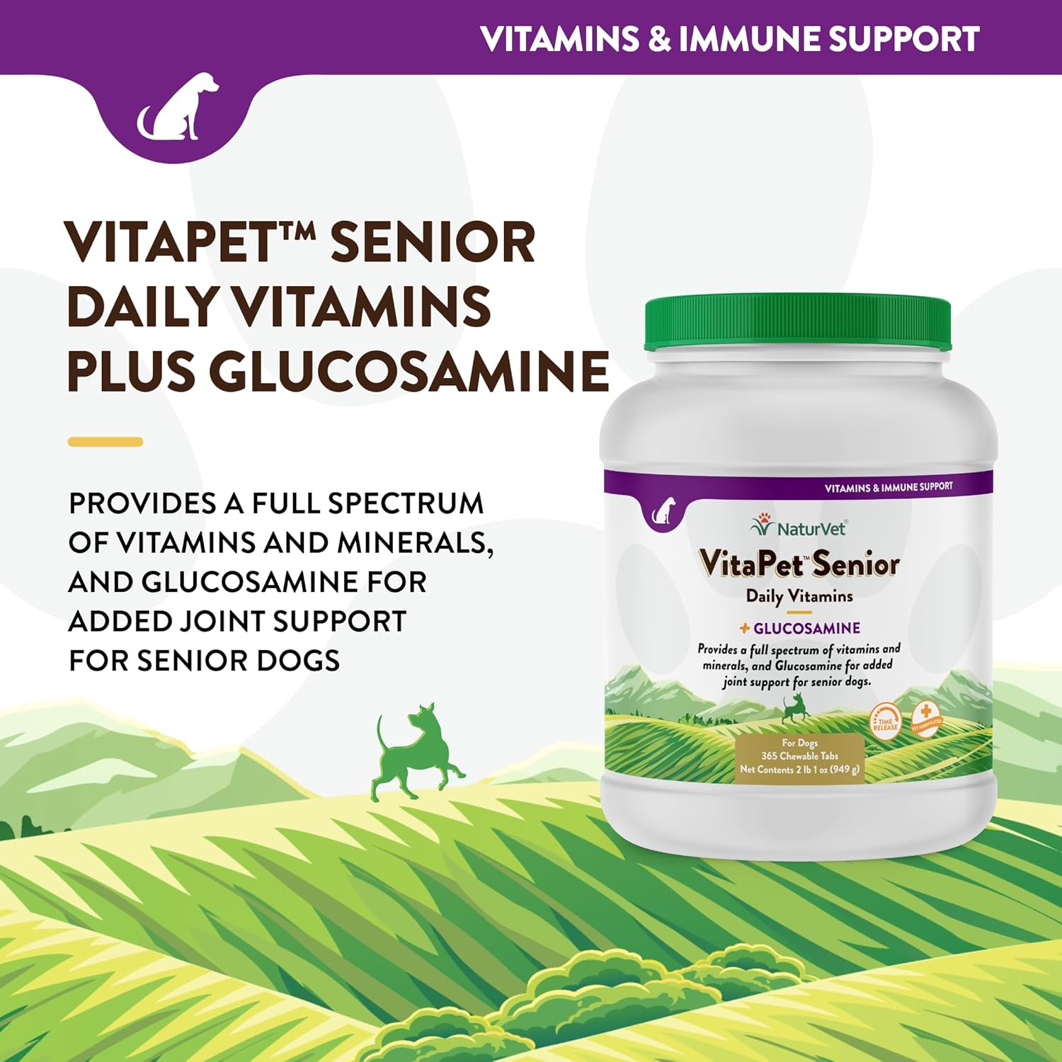 Senior Dog Daily Vitamins with Glucosamine - 365 Time Release Tablets - Full Spectrum of Vitamins & Minerals - Joint Support