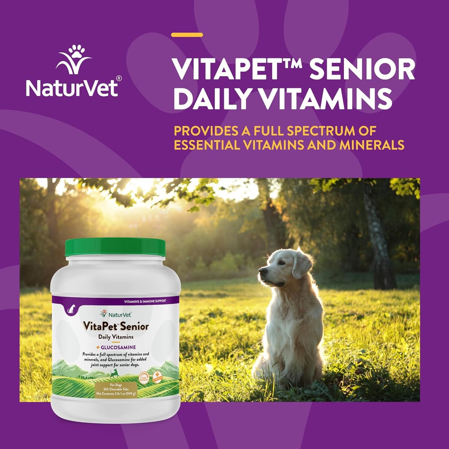 Senior Dog Daily Vitamins with Glucosamine - 365 Time Release Tablets - Full Spectrum of Vitamins & Minerals - Joint Support