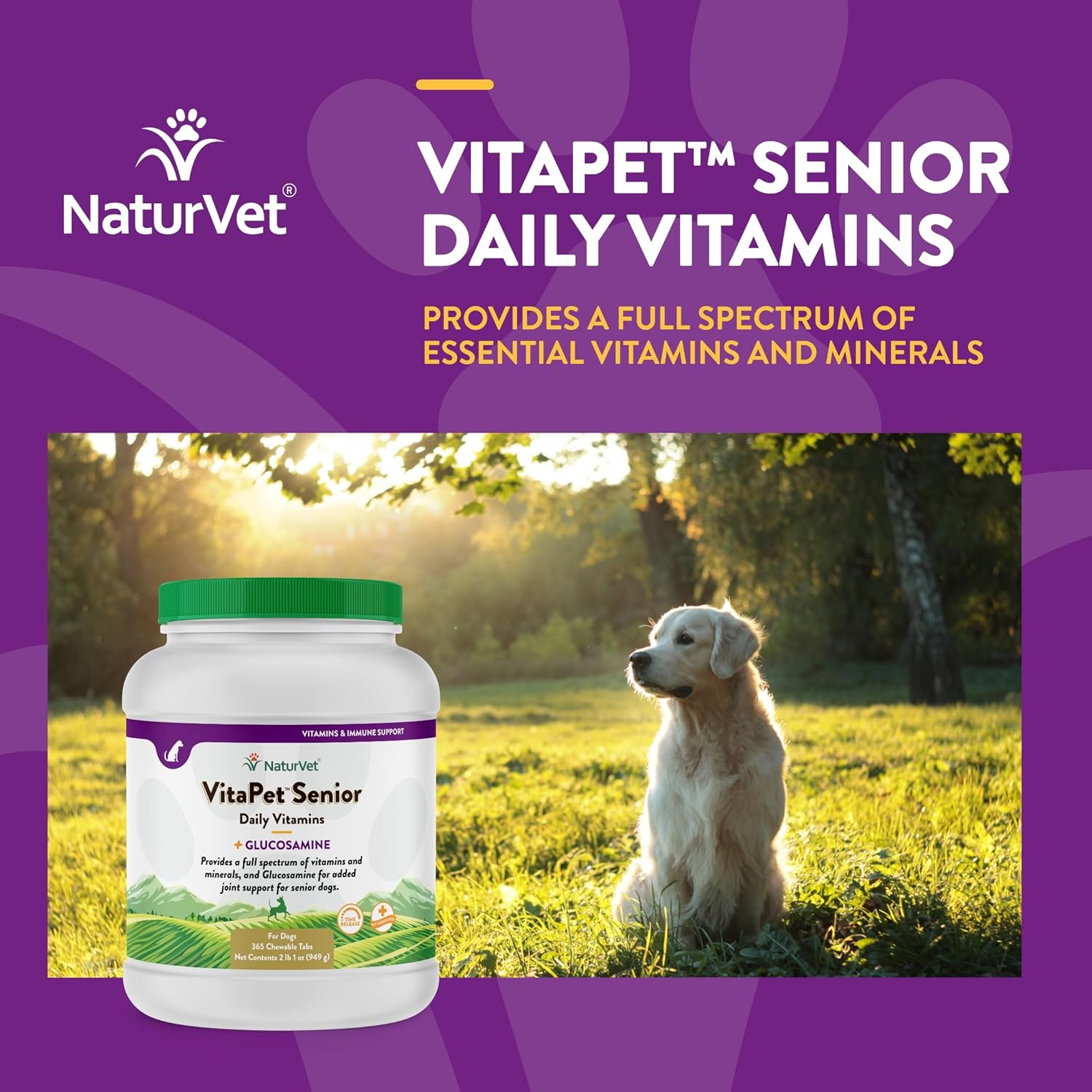 Senior Dog Daily Vitamins with Glucosamine - 365 Time Release Tablets - Full Spectrum of Vitamins & Minerals - Joint Support