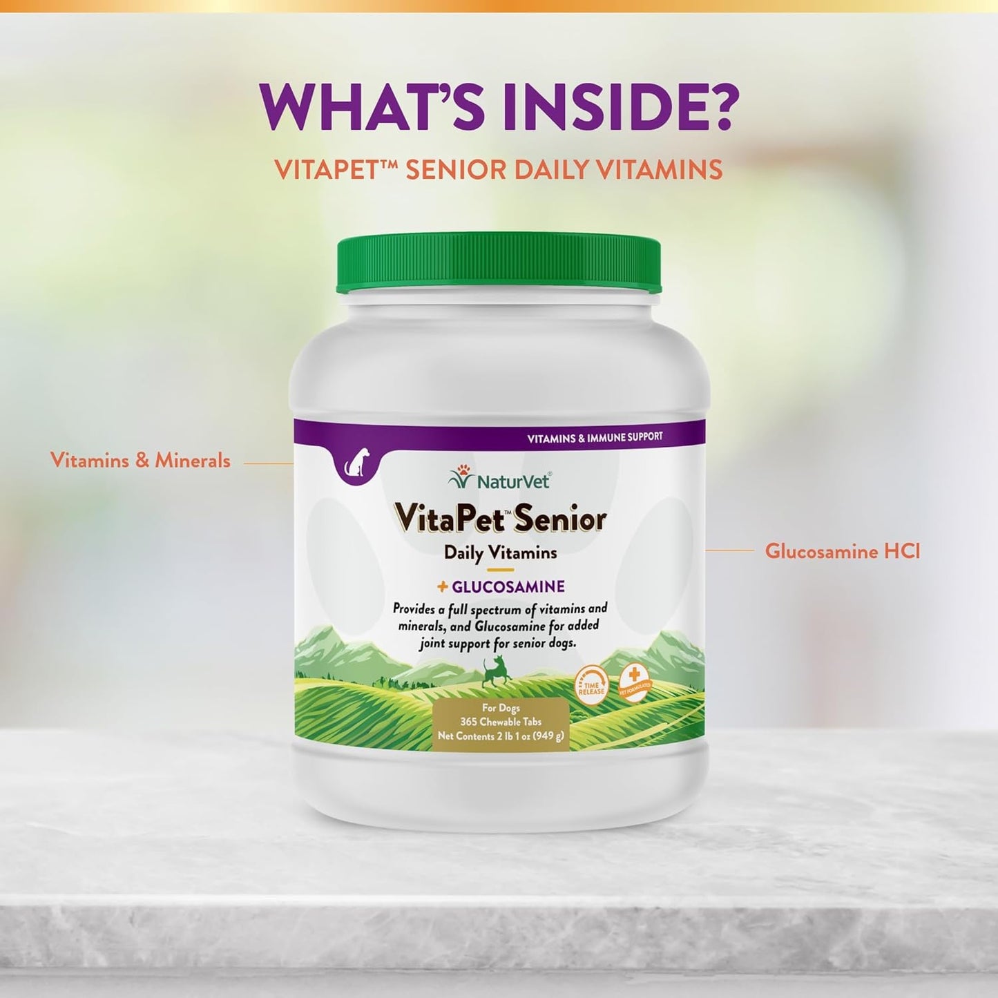 Senior Dog Daily Vitamins with Glucosamine - 365 Time Release Tablets - Full Spectrum of Vitamins & Minerals - Joint Support