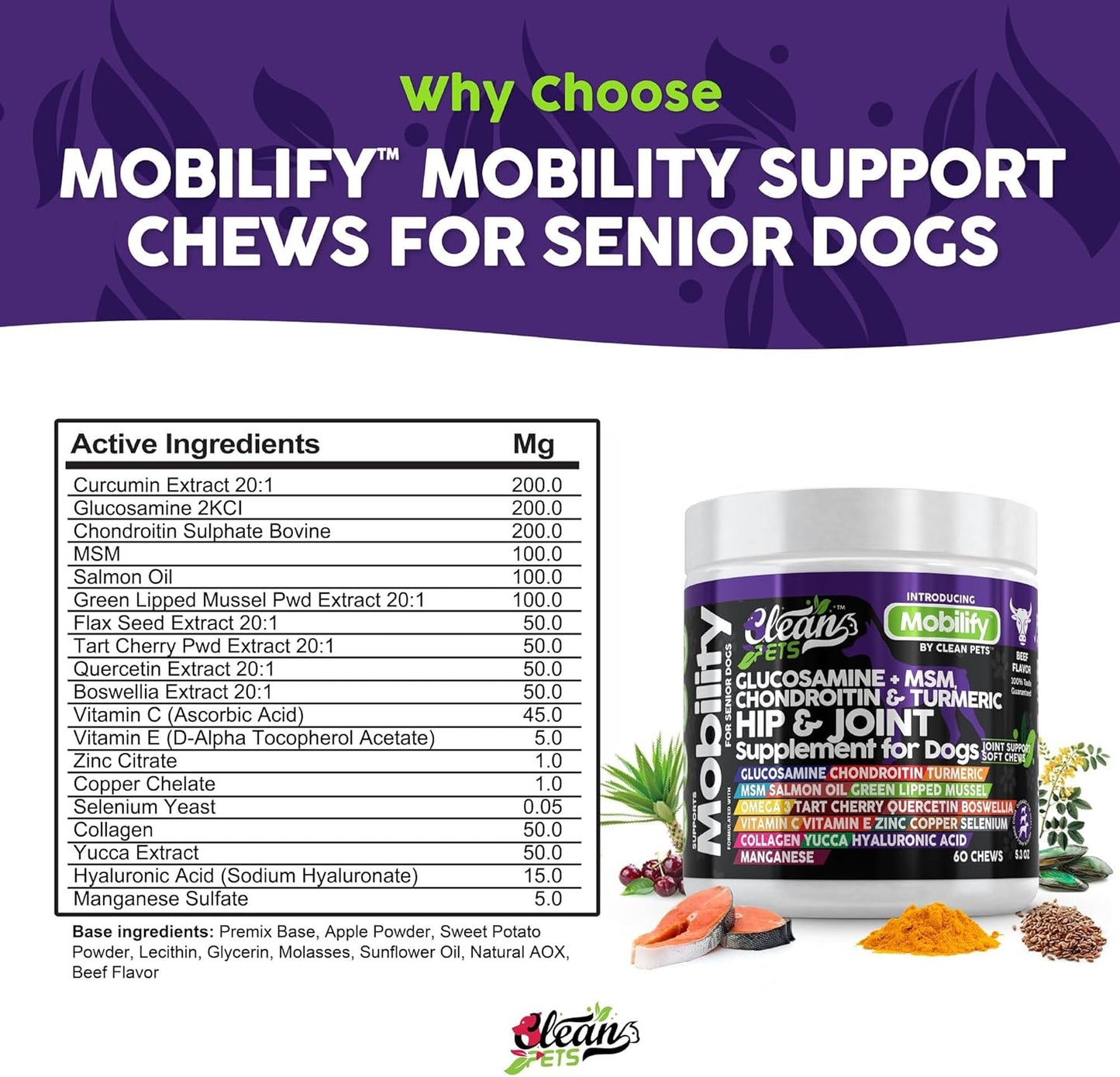 Senior Dog Hip and Joint Supplement with Glucosamine, Chondroitin, Turmeric, MSM, Salmon Oil, Collagen, and Omega 3 - Beef Flavor - 1 Pack