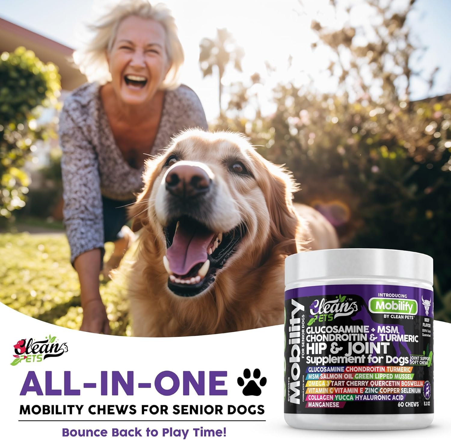 Senior Dog Hip and Joint Supplement with Glucosamine, Chondroitin, Turmeric, MSM, Salmon Oil, Collagen, and Omega 3 - Beef Flavor - 1 Pack