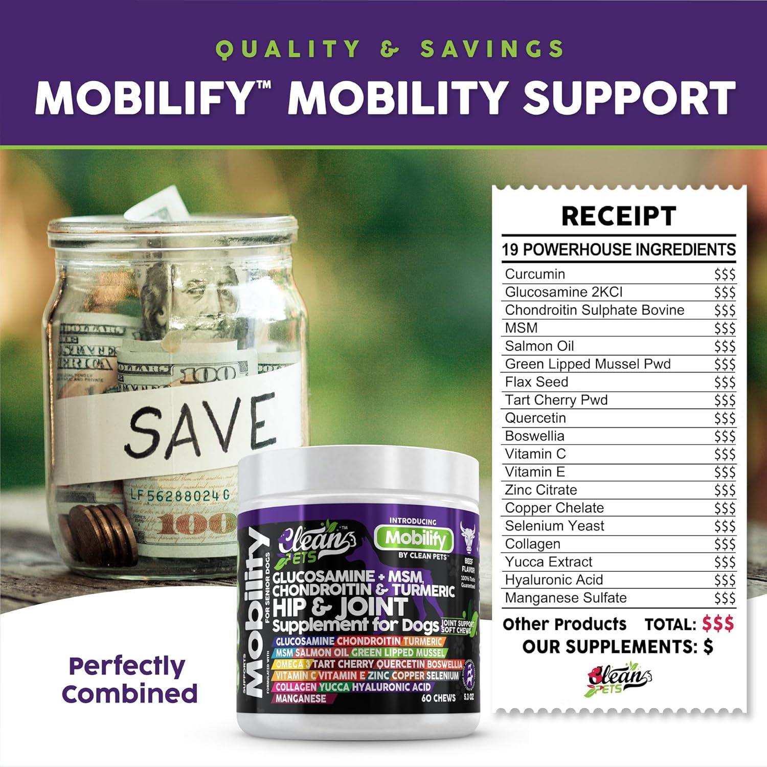 Senior Dog Hip and Joint Supplement with Glucosamine, Chondroitin, Turmeric, MSM, Salmon Oil, Collagen, and Omega 3 - Beef Flavor - 1 Pack