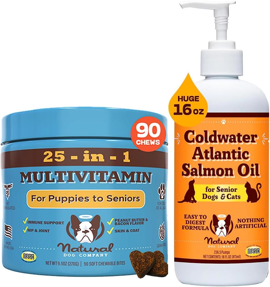 Senior Dog Immune Support Bundle: Multivitamin Chews & Atlantic Salmon Oil - Joint Care & Cognitive Health - 90 Chews + 16oz Oil