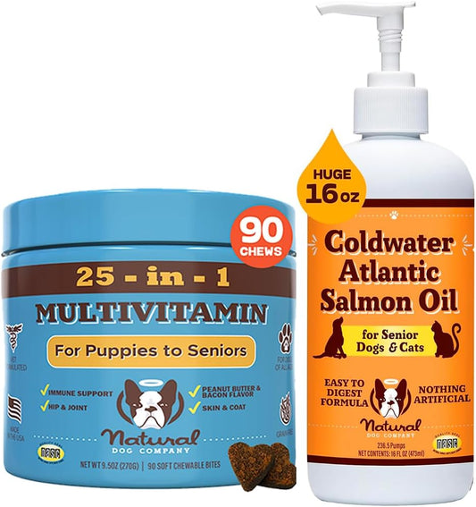 Senior Dog Immune Support Bundle: Multivitamin Chews & Atlantic Salmon Oil - Joint Care & Cognitive Health - 90 Chews + 16oz Oil
