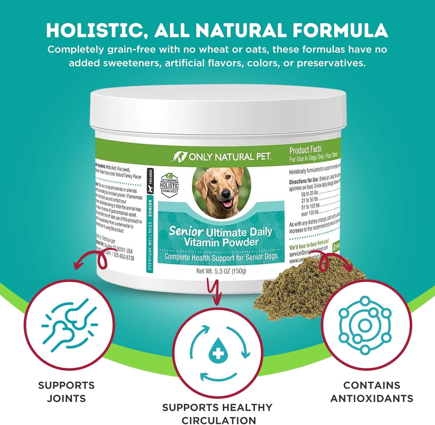 Senior Dog Vitamin Supplement for Complete Holistic Health Support - Turkey Flavored Powder, Made in USA, 5.3 oz by Only Natural Pet