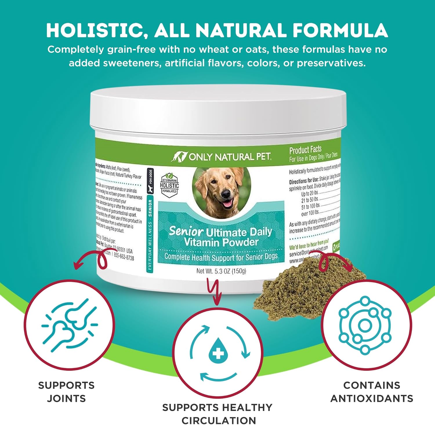 Senior Dog Vitamin Supplement for Complete Holistic Health Support - Turkey Flavored Powder, Made in USA, 5.3 oz by Only Natural Pet