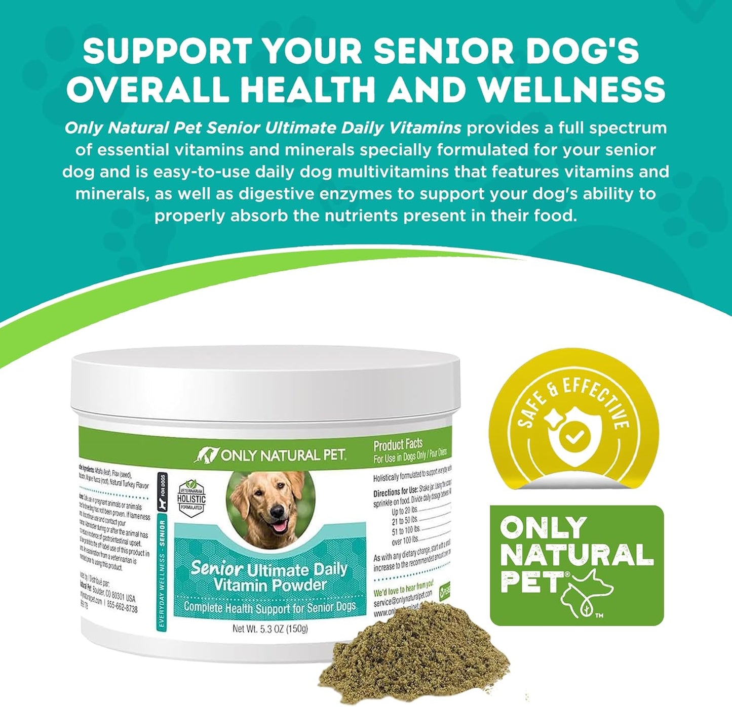 Senior Dog Vitamin Supplement for Complete Holistic Health Support - Turkey Flavored Powder, Made in USA, 5.3 oz by Only Natural Pet