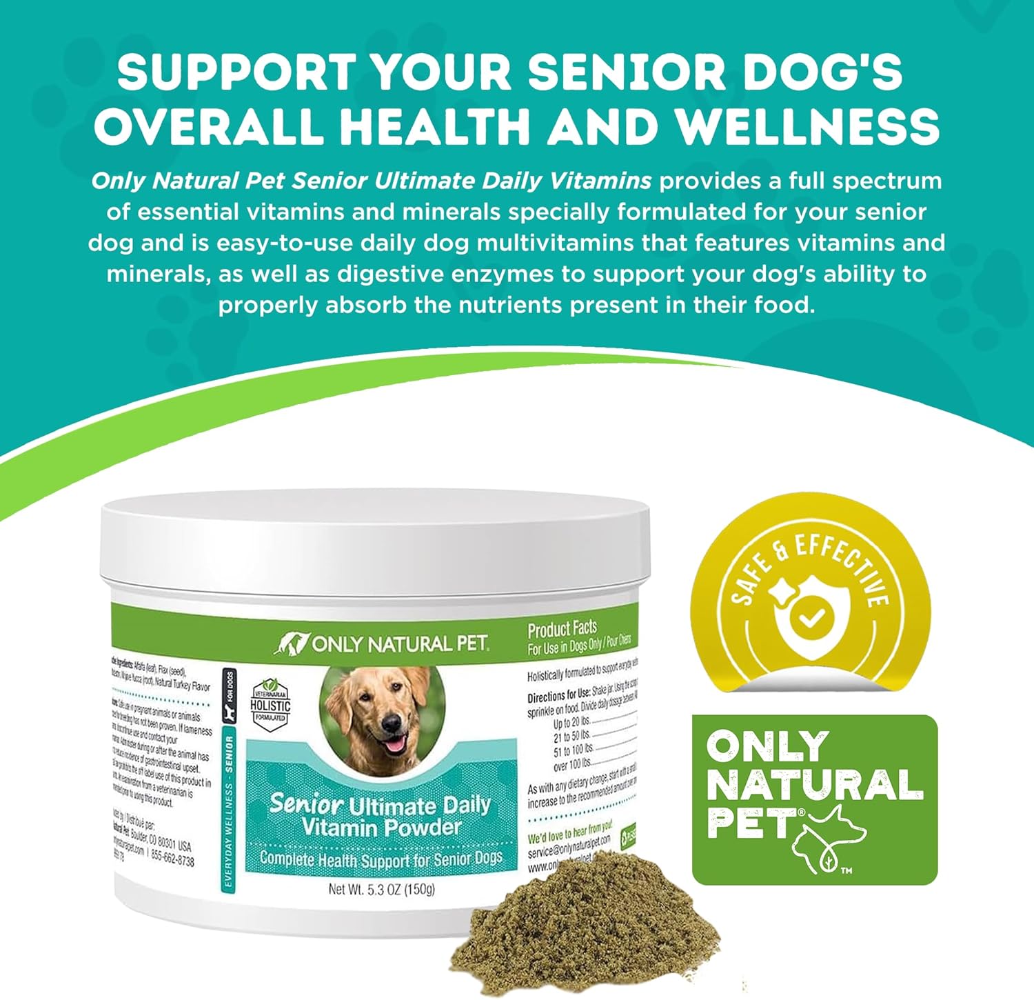 Senior Dog Vitamin Supplement for Complete Holistic Health Support - Turkey Flavored Powder, Made in USA, 5.3 oz by Only Natural Pet