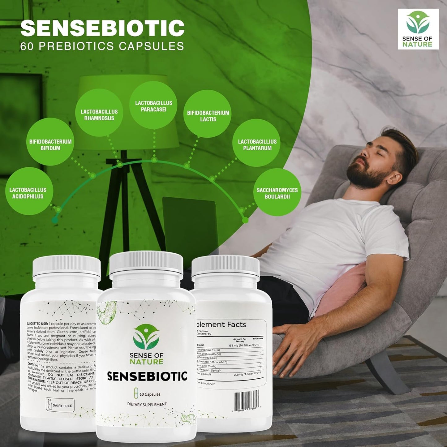 Sense of Nature Sensebiotic Gut Health Probiotics - 20 Billion CFUs for Women and Men - Prebiotic Dietary Supplement - 60 Capsules
