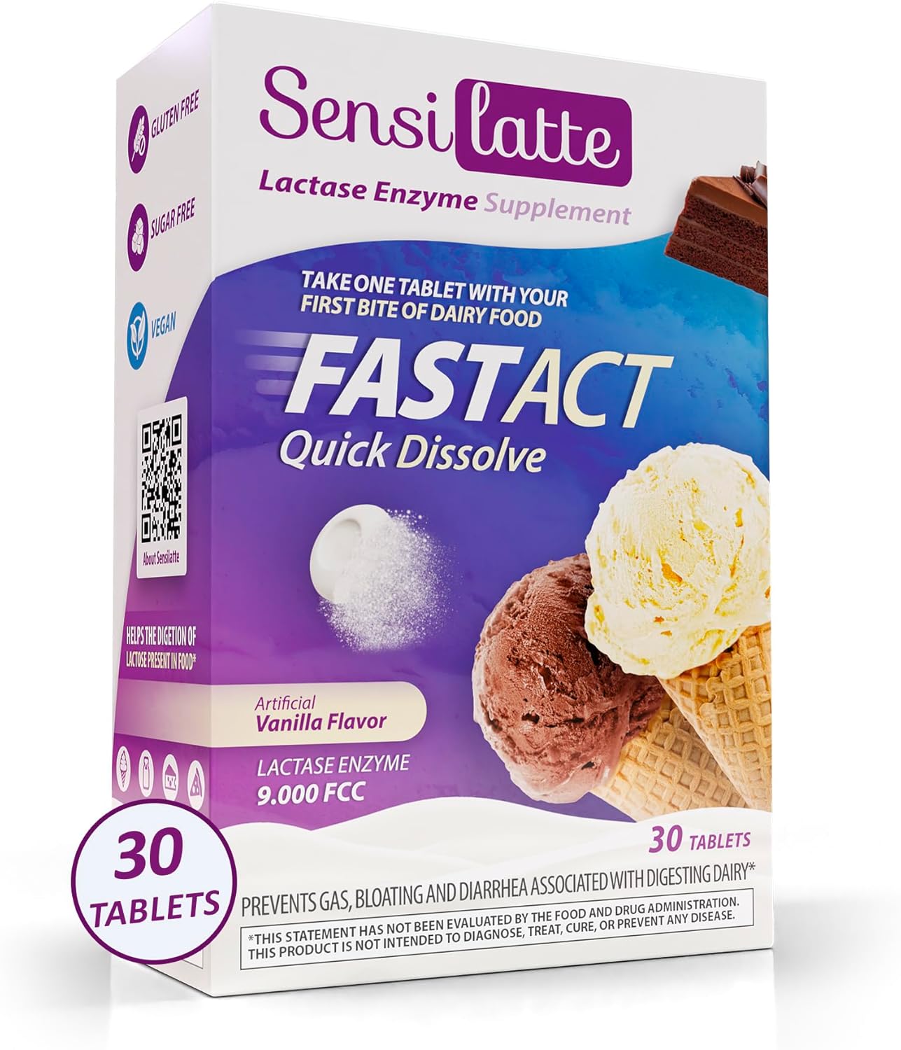 SENSI LATTE Lactase Enzyme Supplement - Fast-Acting Solution for Dairy Consumption - Vegan, Sugar Free, Gluten Free - 9,000 FCC Lactase Enzyme - Vanilla Flavor, 30 Tablets