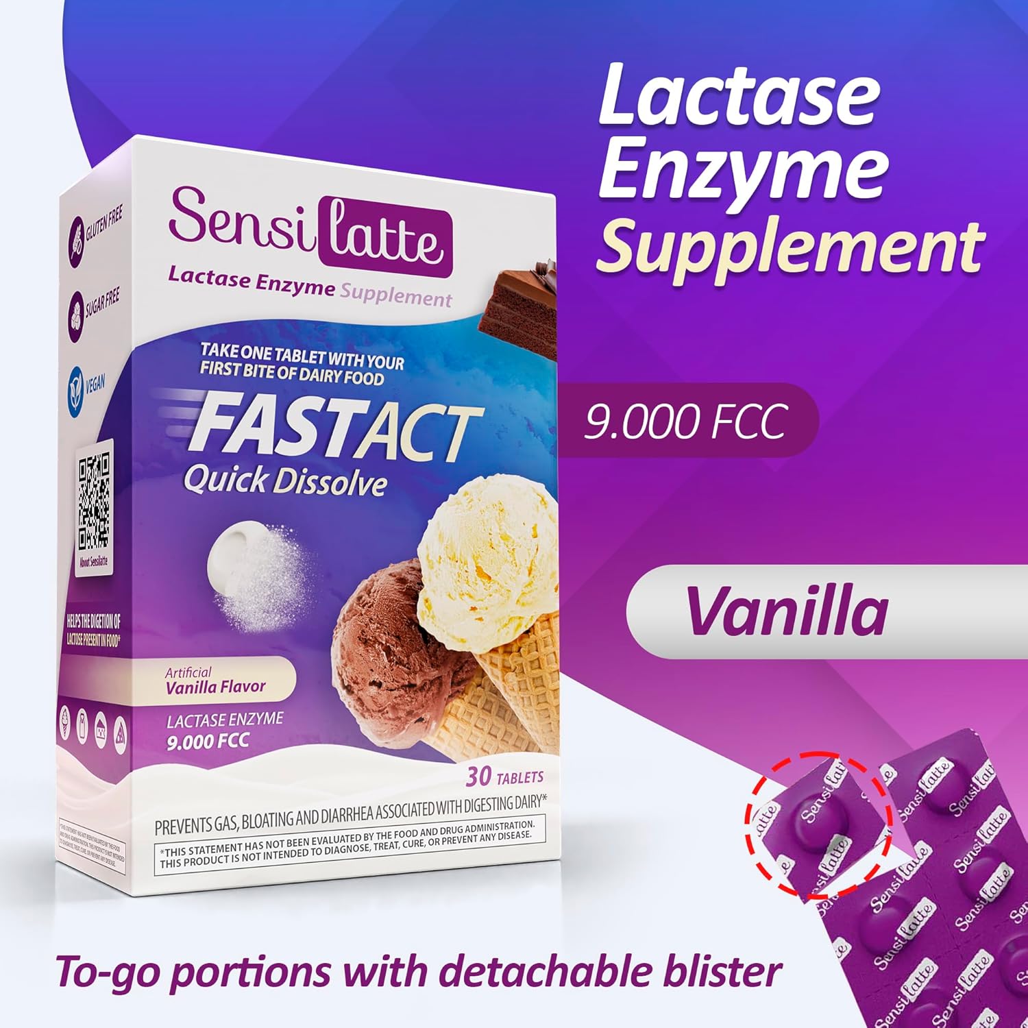 SENSI LATTE Lactase Enzyme Supplement - Fast-Acting Solution for Dairy Consumption - Vegan, Sugar Free, Gluten Free - 9,000 FCC Lactase Enzyme - Vanilla Flavor, 30 Tablets