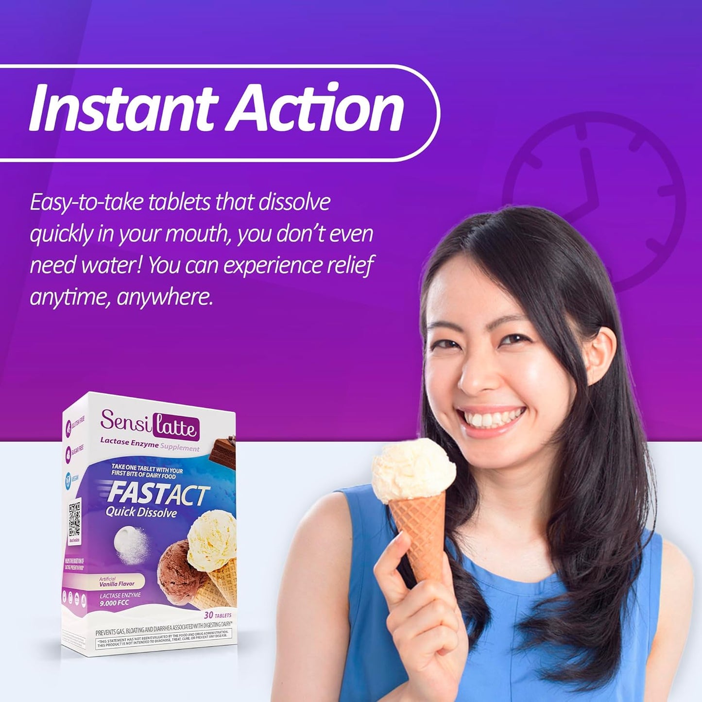 SENSI LATTE Lactase Enzyme Supplement - Fast-Acting Solution for Dairy Consumption - Vegan, Sugar Free, Gluten Free - 9,000 FCC Lactase Enzyme - Vanilla Flavor, 30 Tablets