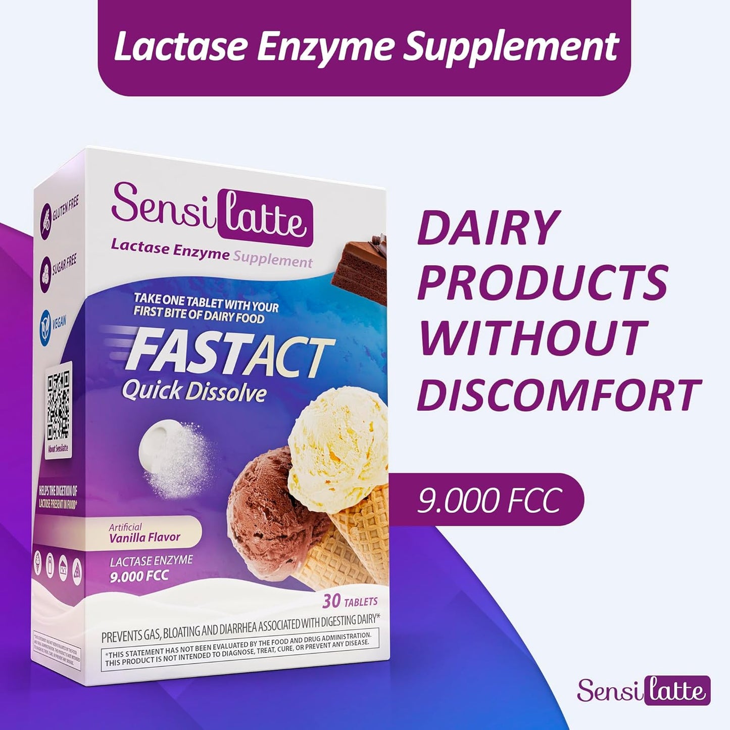 SENSI LATTE Lactase Enzyme Supplement - Fast-Acting Solution for Dairy Consumption - Vegan, Sugar Free, Gluten Free - 9,000 FCC Lactase Enzyme - Vanilla Flavor, 30 Tablets