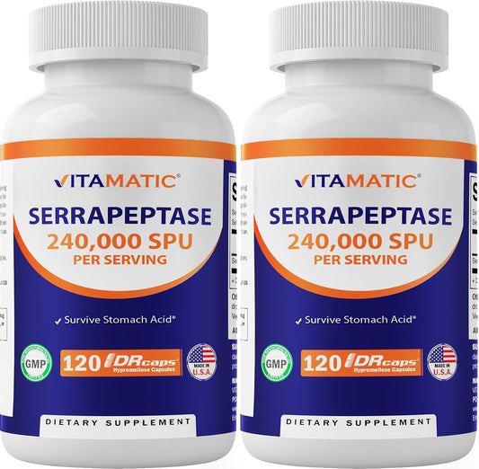 Serrapeptase 240,000 SPU Enteric Coated Capsules, Non-GMO & Gluten Free, Made in USA - 240 Servings (2 Pack)