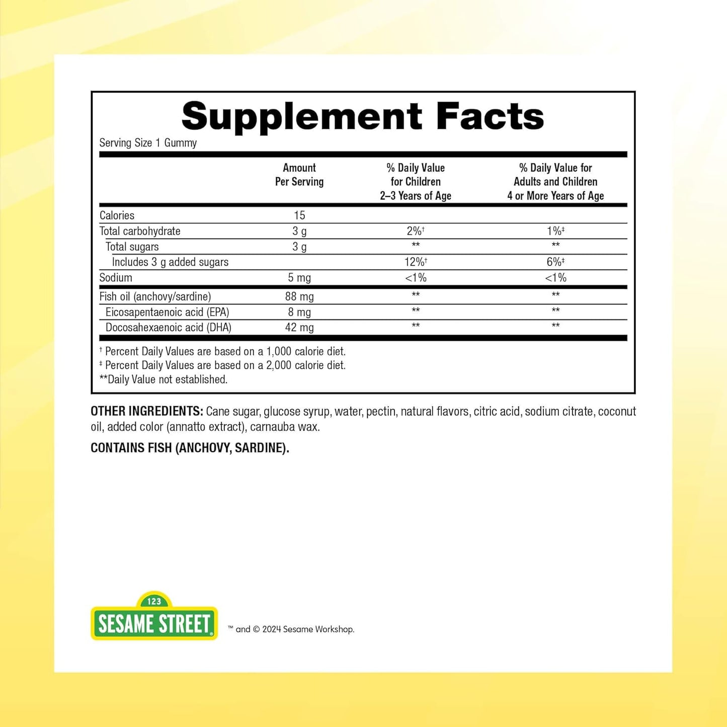 Sesame Street Omega 3 Gummies for Kids - 120 Gummies, 4 Month Supply - Brain & Eye Support - No Fishy Aftertaste