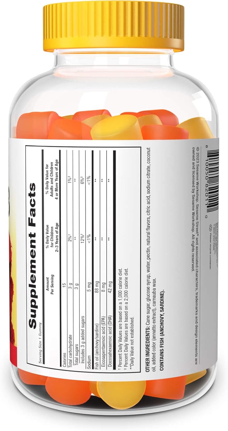 Sesame Street Omega 3 Gummies for Kids - 120 Gummies, 4 Month Supply - Brain & Eye Support - No Fishy Aftertaste
