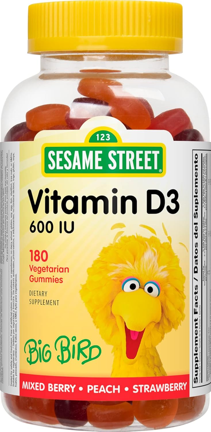 Sesame Street Vitamin D3 Gummies for Kids - 600 IU per Gummy - 6 Months Supply - Gluten, Dairy, Peanut, & Gelatin Free - Immune, Bone, and Teeth Support - Non-GMO - 180 Vegetarian Gummies