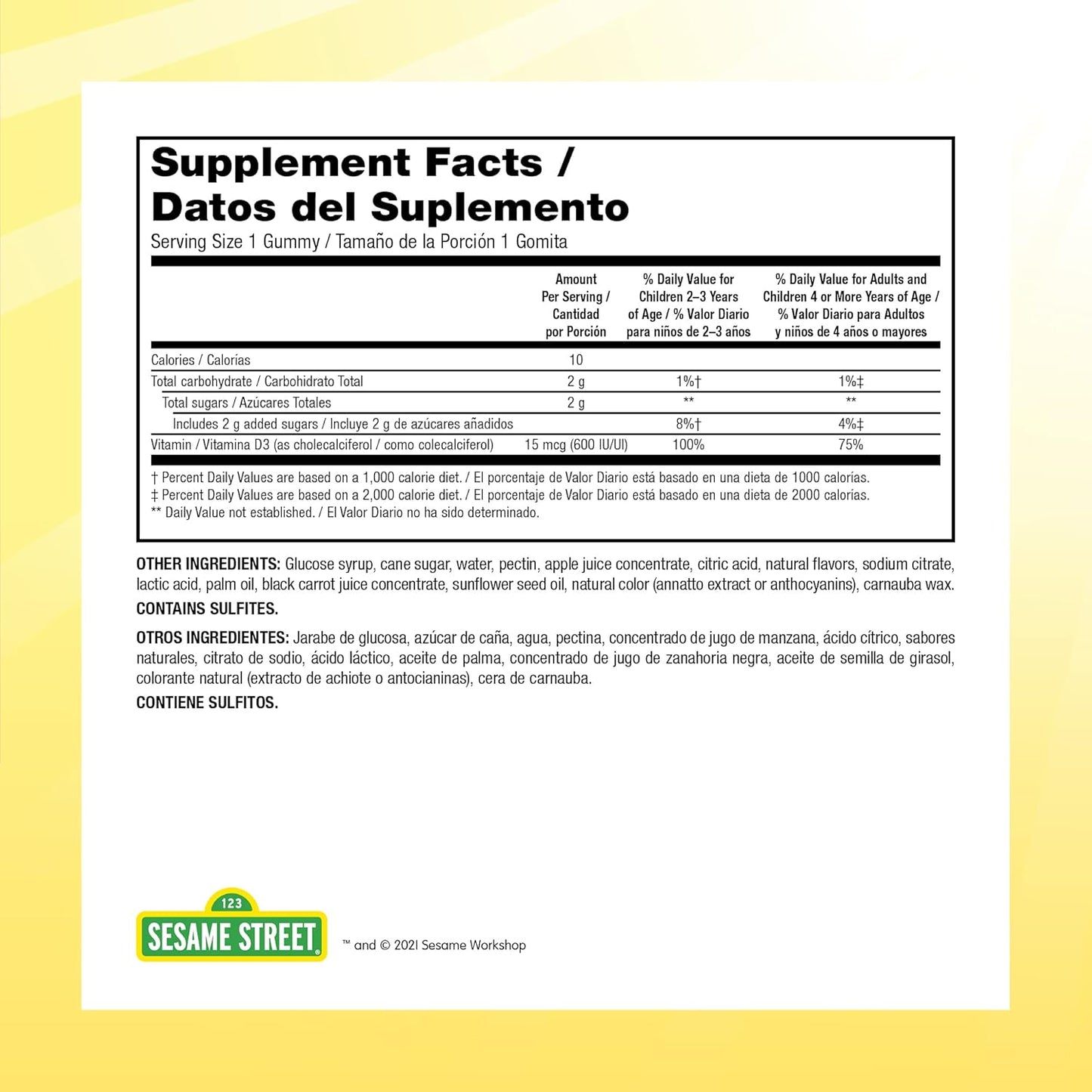Sesame Street Vitamin D3 Gummies for Kids - 600 IU per Gummy - 6 Months Supply - Gluten, Dairy, Peanut, & Gelatin Free - Immune, Bone, and Teeth Support - Non-GMO - 180 Vegetarian Gummies
