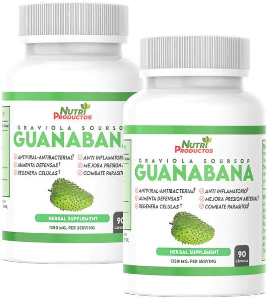 Set of 2 Nutrisalud Products Guanabana Capsules - Extra Potent 1350mg per Serving - Boosts Immune System, Anti-Inflammatory, Improves Blood Pressure, Cell Regeneration - 90 Capsules per Bottle.