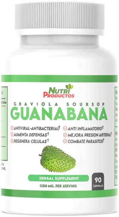 Set of 2 Nutrisalud Products Guanabana Capsules - Extra Potent 1350mg per Serving - Boosts Immune System, Anti-Inflammatory, Improves Blood Pressure, Cell Regeneration - 90 Capsules per Bottle.