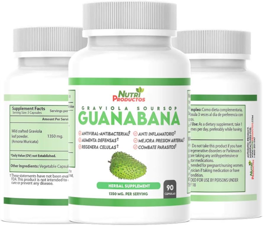 Set of 2 Nutrisalud Products Guanabana Capsules - Extra Potent 1350mg per Serving - Boosts Immune System, Anti-Inflammatory, Improves Blood Pressure, Cell Regeneration - 90 Capsules per Bottle.