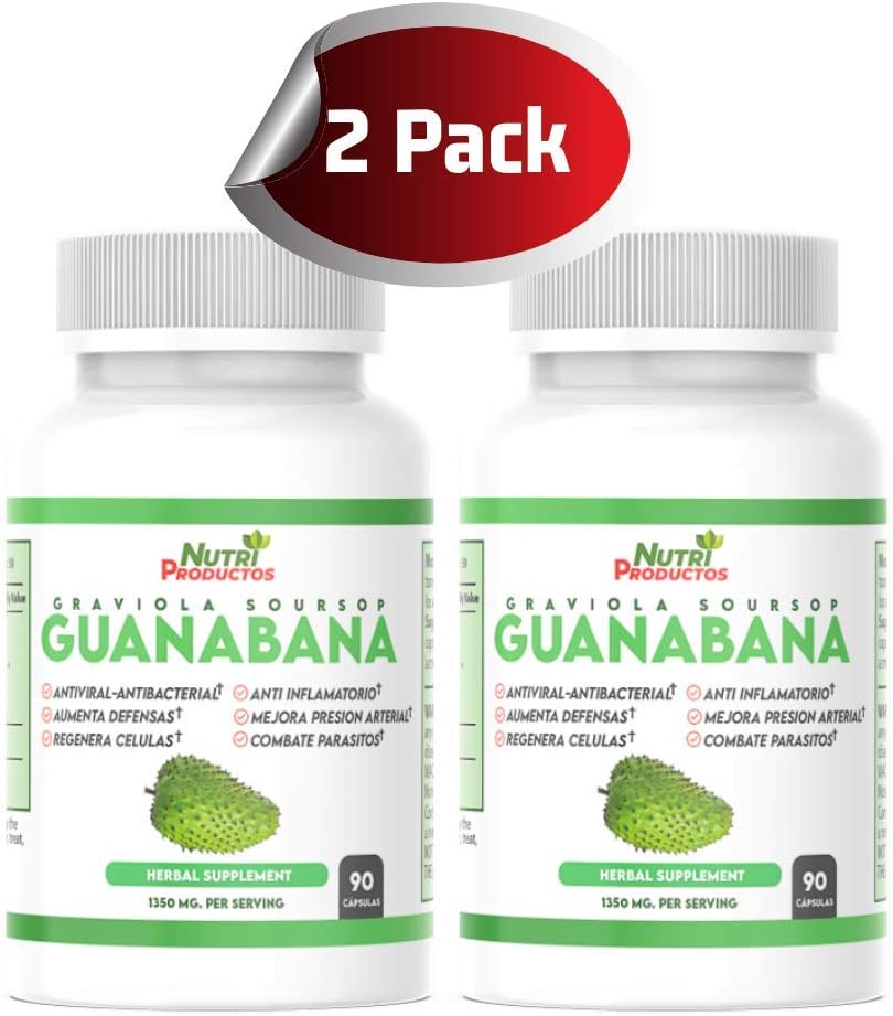 Set of 2 Nutrisalud Products Guanabana Capsules - Extra Potent 1350mg per Serving - Boosts Immune System, Anti-Inflammatory, Improves Blood Pressure, Cell Regeneration - 90 Capsules per Bottle.
