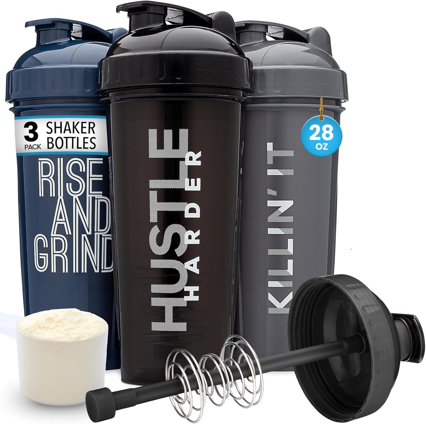 Set of 3 28 oz Shaker Bottles with Action-Rod Mixer and Motivational Quotes - BPA Free and Dishwasher Safe Protein Shakers in Silver, Blue, & Black