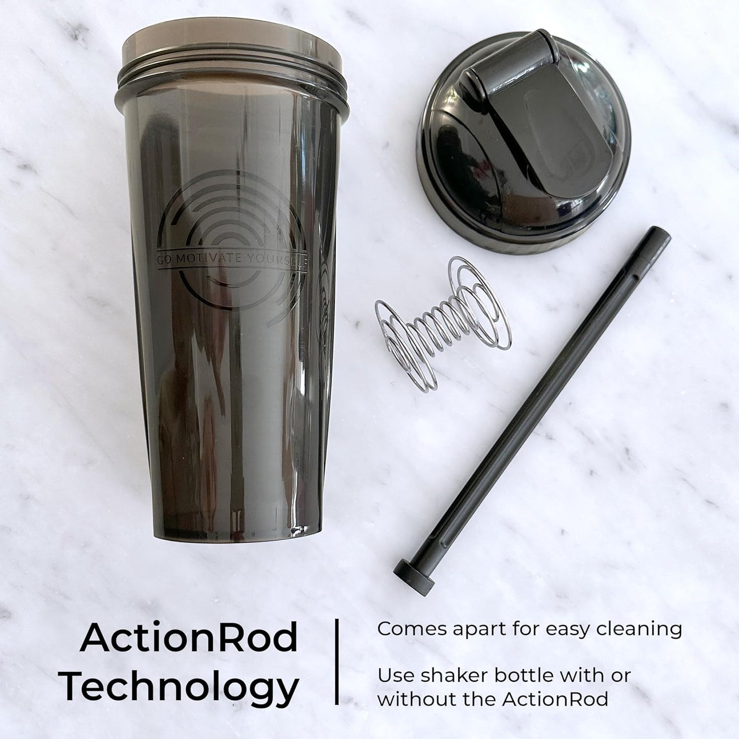 Set of 3 28 oz Shaker Bottles with Action-Rod Mixer and Motivational Quotes - BPA Free and Dishwasher Safe Protein Shakers in Silver, Blue, & Black