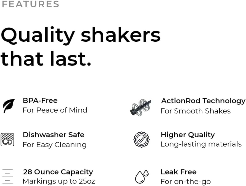 Set of 3 28 oz Shaker Bottles with Action-Rod Mixer and Motivational Quotes - BPA Free and Dishwasher Safe Protein Shakers in Silver, Blue, & Black