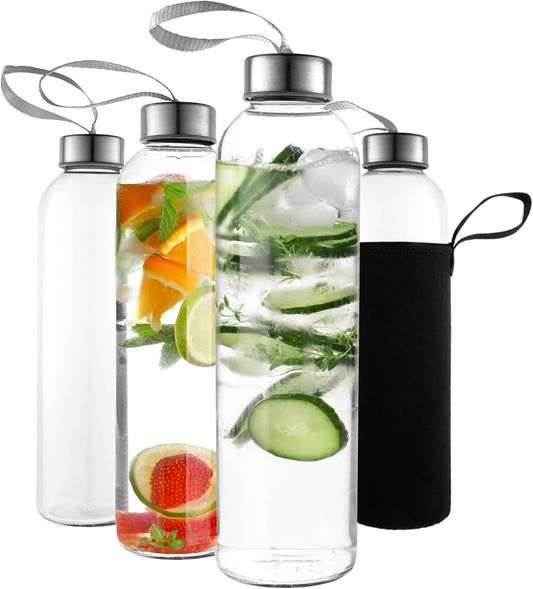 Set of 4 Kitchen Lux 16 oz Glass Water Bottles with Stainless Steel Lids, Carrying Strap, and Protective Sleeves - Reusable and Airtight for Hot/Cold Drinks