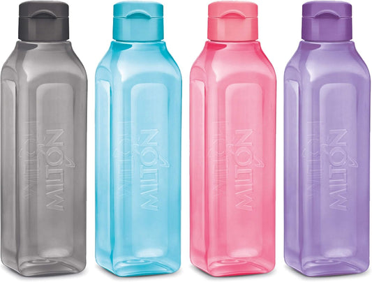 Set of 4 MILTON Square Sports Water Bottles 32 oz - Ideal for Juices, Milk, Smoothies - Leak Proof Wide-Mouth Reusable Bottles with Flip Lid for School, Gym, Lunch Boxes - BPA Free