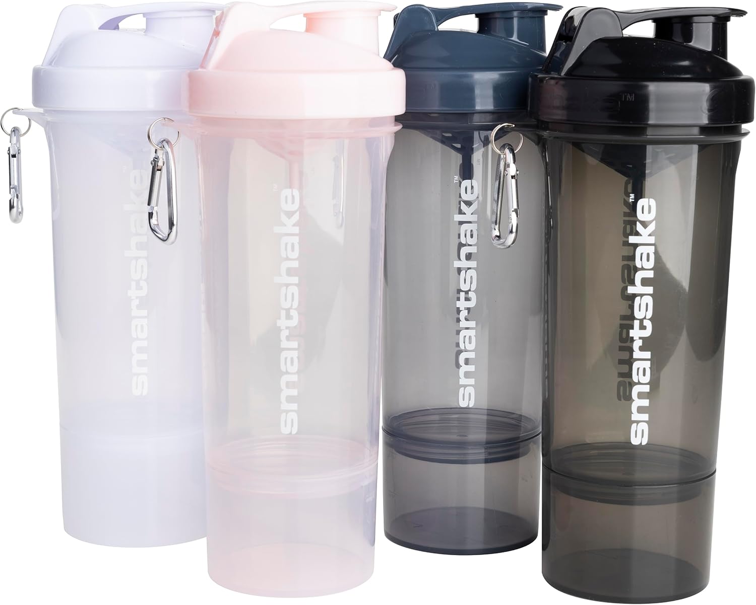 Set of 4 Smartshake Slim Protein Shaker Bottles 400ml | 13.5oz with Storage - Leakproof Screw-on Lid - BPA Free - Black, White, Gray, Pink