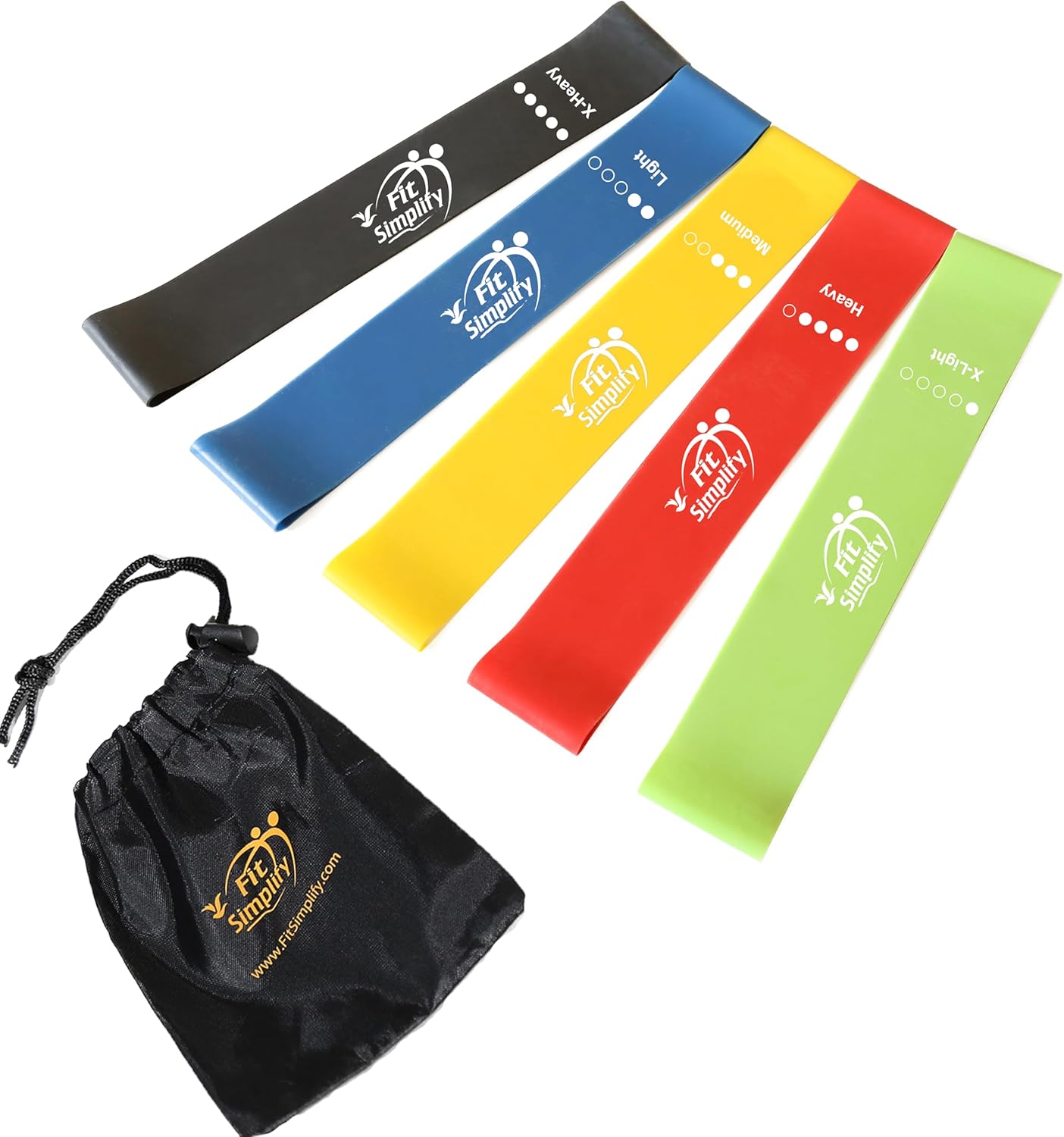 Set of 5 Fit Simplify Resistance Loop Exercise Bands with Instruction Guide and Carry Bag