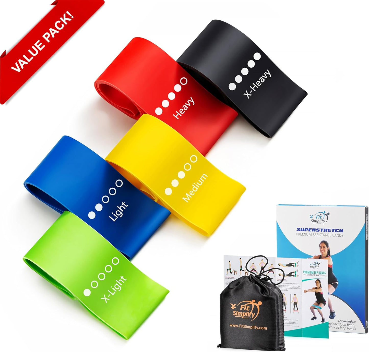 Set of 5 Fit Simplify Resistance Loop Exercise Bands with Instruction Guide and Carry Bag