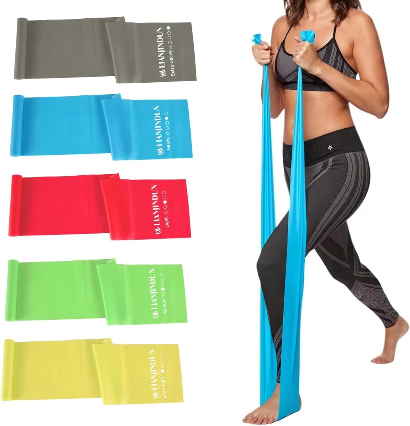 Set of 5 Lianjindun Professional Elastic Resistance Bands for Men and Women - Latex-Free Workout and Exercise Bands for Physical Therapy, Yoga, Pilates