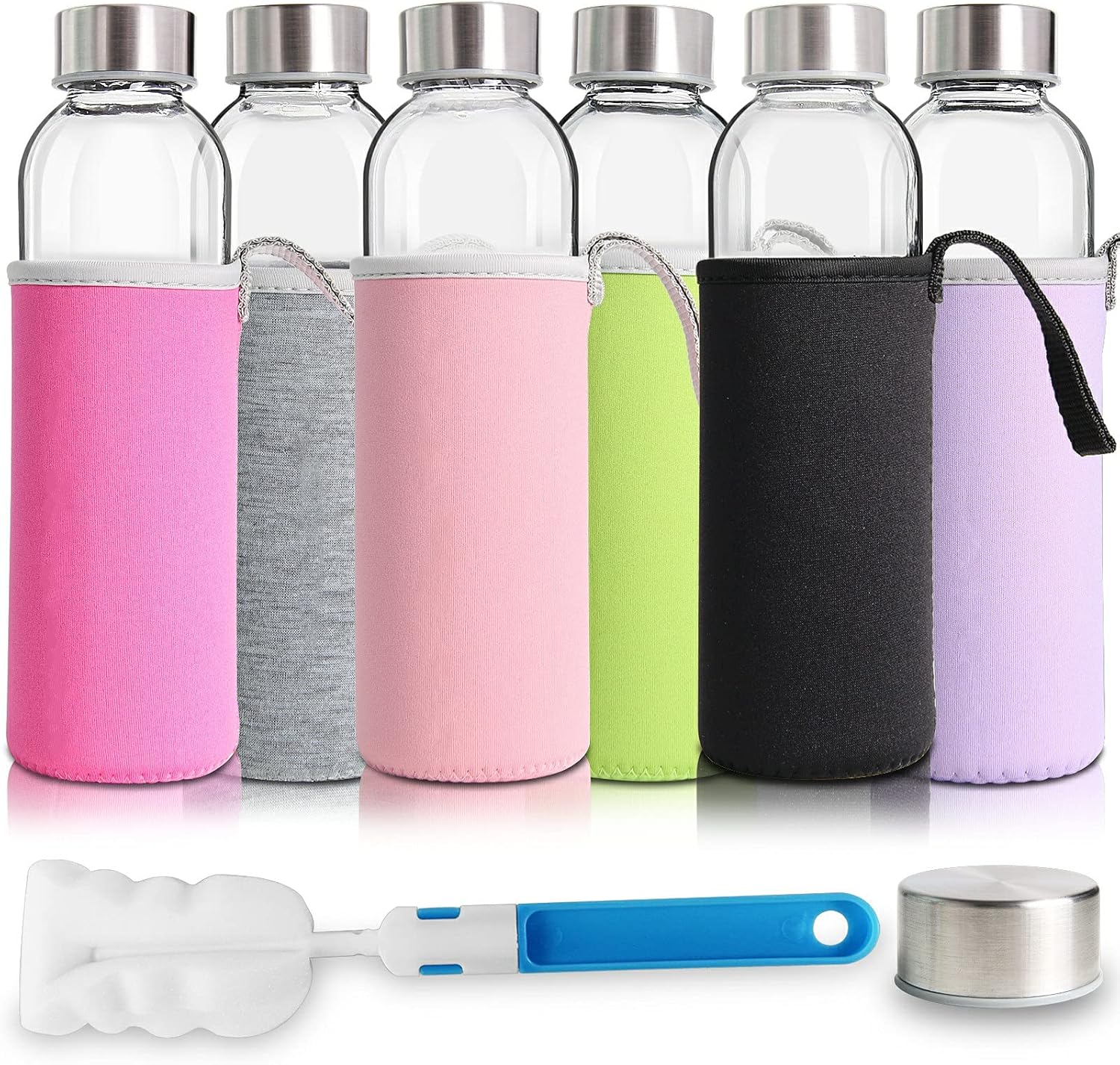 Set of 6 YEBODA 18oz Glass Water Bottles with Stainless Steel Caps and Colorful Nylon Sleeve for Beverages and Juicing