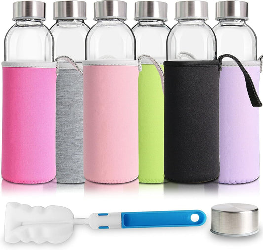 Set of 6 YEBODA 18oz Glass Water Bottles with Stainless Steel Caps and Colorful Nylon Sleeve for Beverages and Juicing