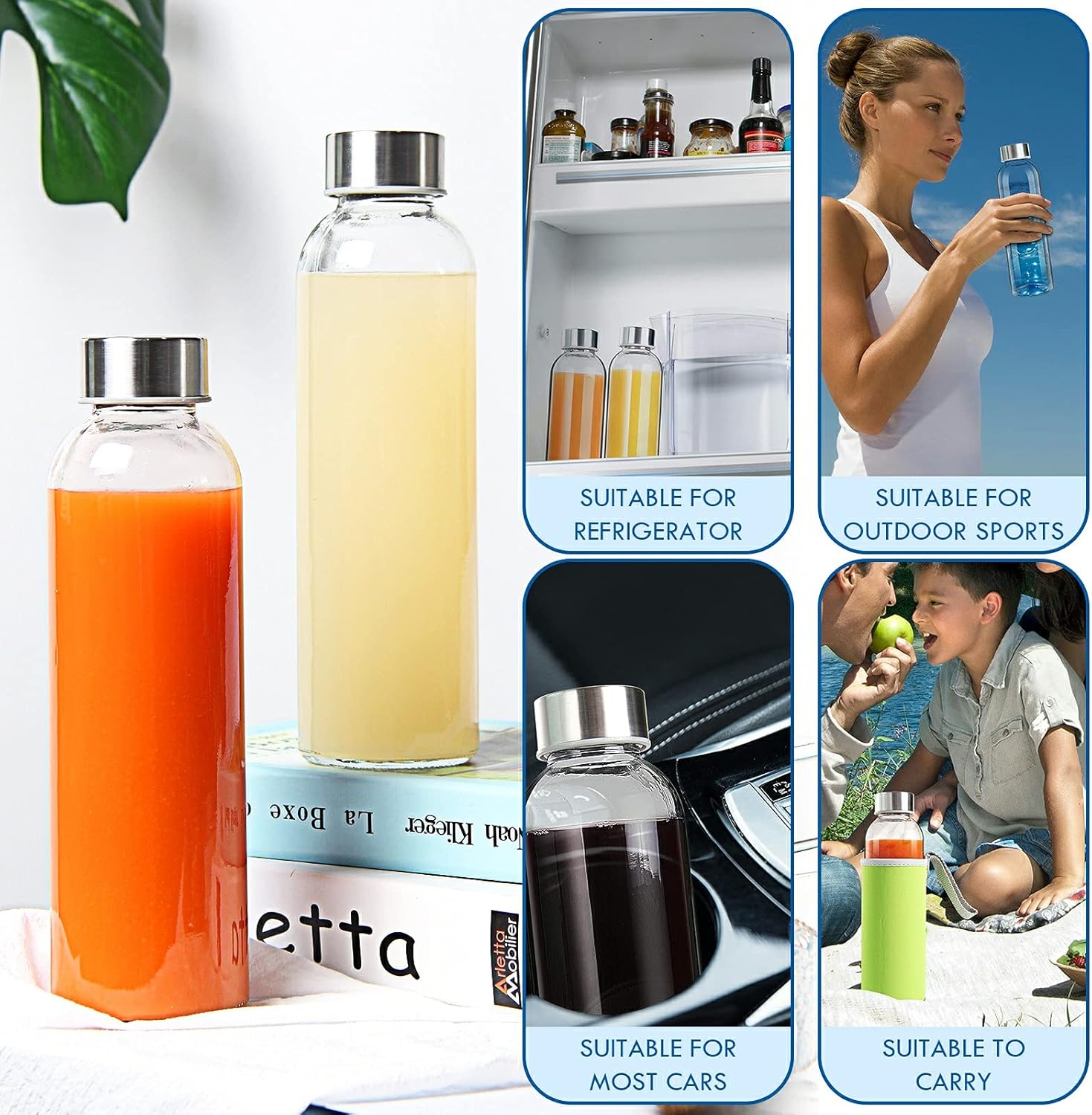 Set of 6 YEBODA 18oz Glass Water Bottles with Stainless Steel Caps and Colorful Nylon Sleeve for Beverages and Juicing