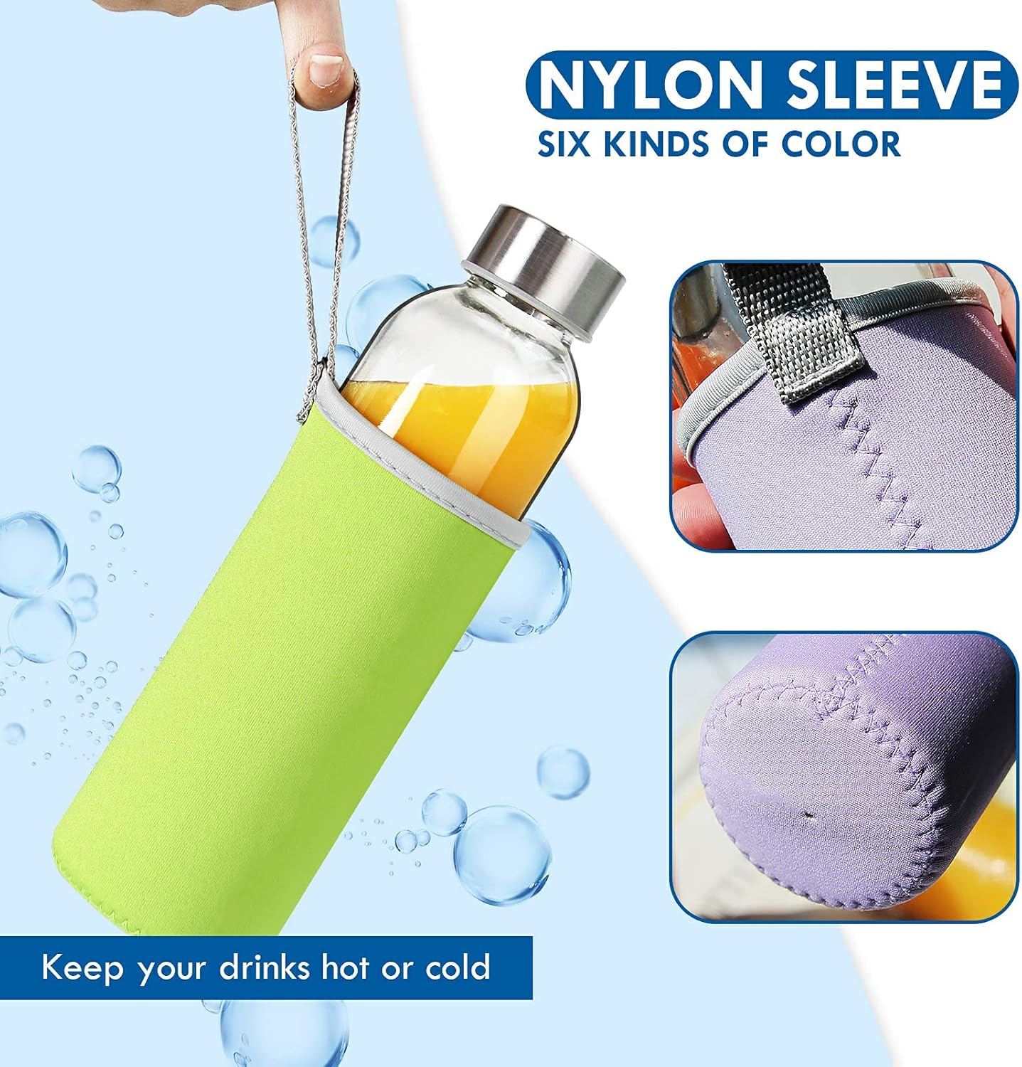 Set of 6 YEBODA 18oz Glass Water Bottles with Stainless Steel Caps and Colorful Nylon Sleeve for Beverages and Juicing
