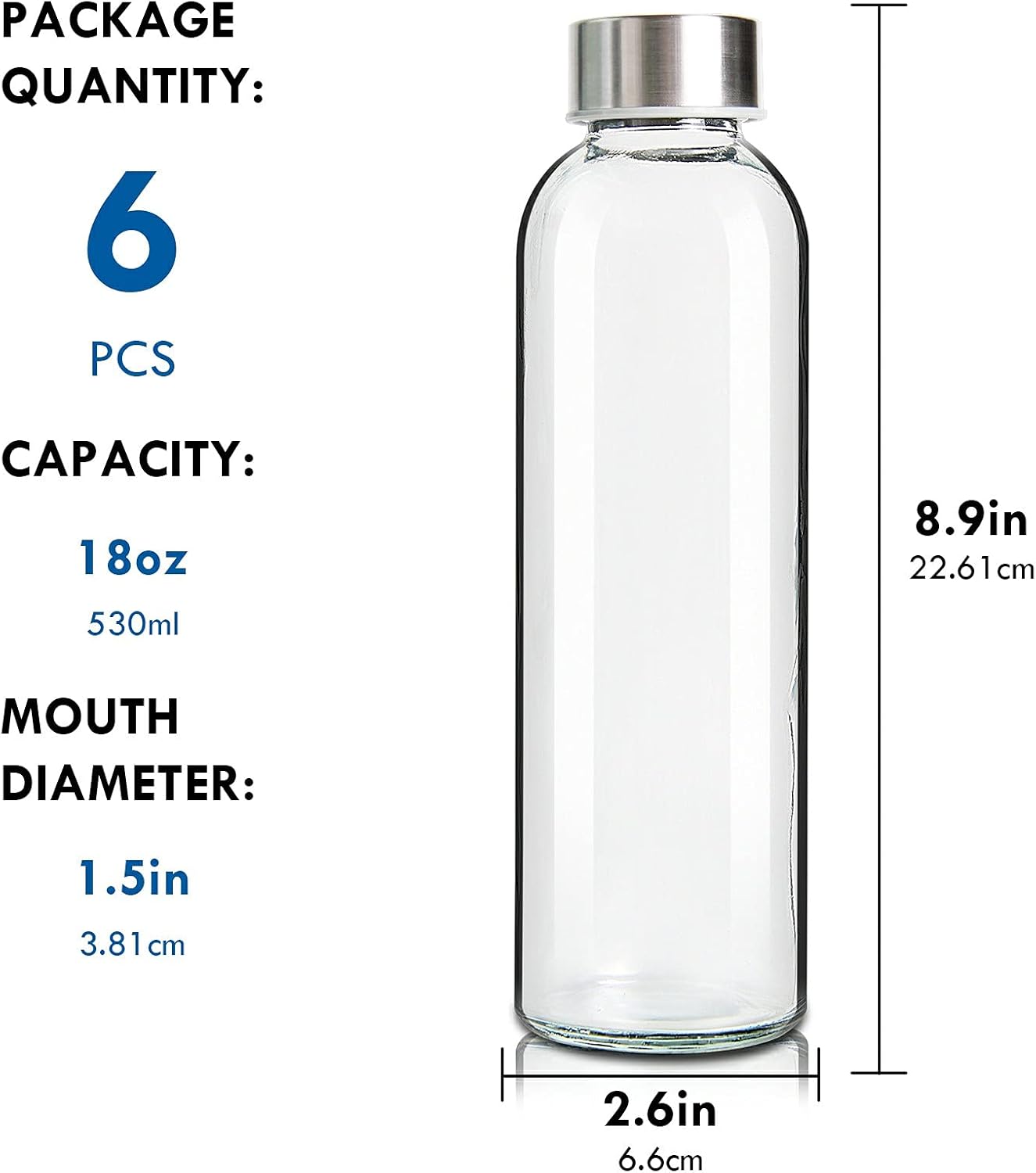 Set of 6 YEBODA 18oz Glass Water Bottles with Stainless Steel Caps and Colorful Nylon Sleeve for Beverages and Juicing